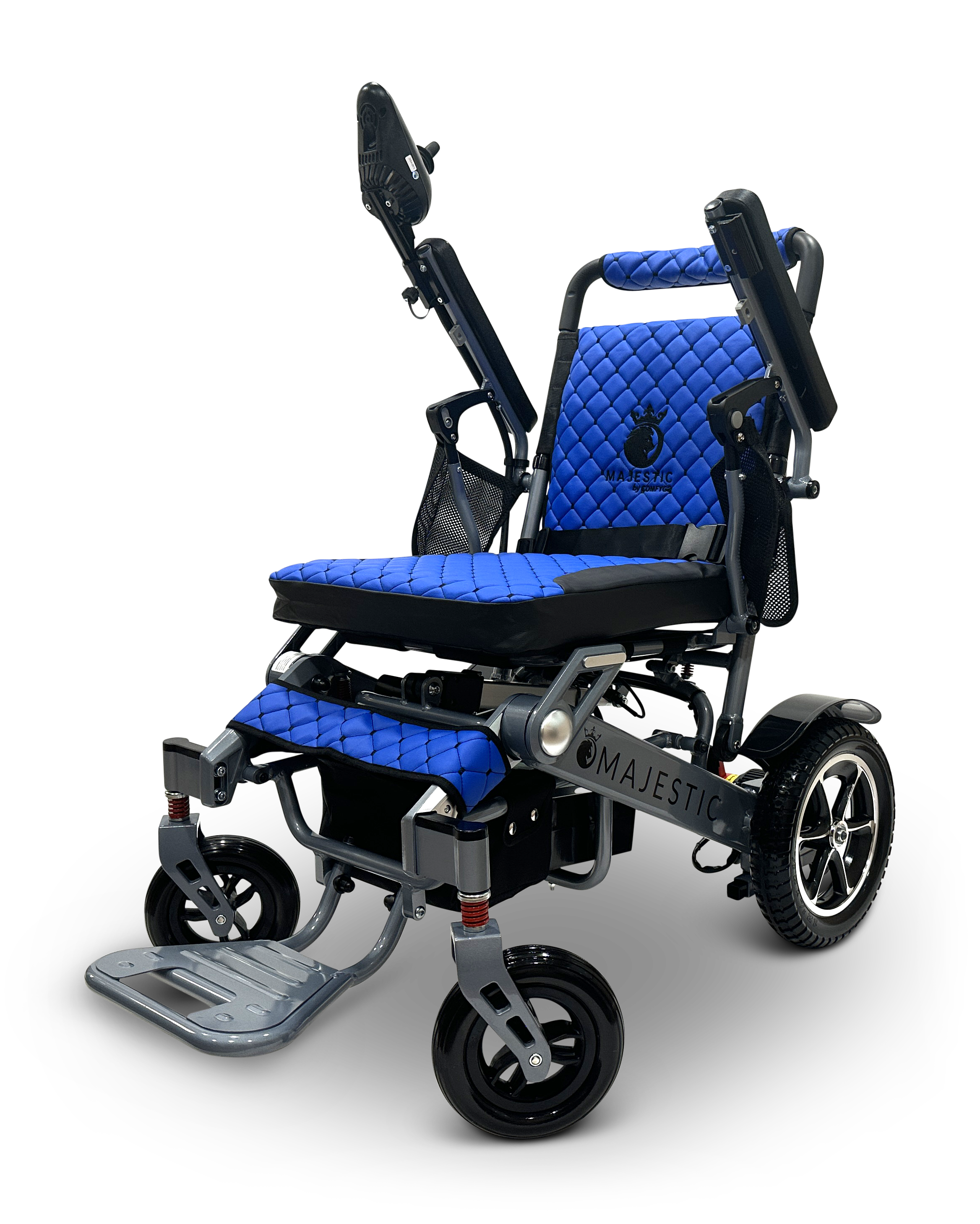 The MAJESTIC IQ-7000 is a blue and black auto-folding electric wheelchair with a quilted design, featuring adjustable armrests, headrest, footrest, 360-degree joystick for enhanced control, and large rear wheels with smaller front wheels for smooth mobility.